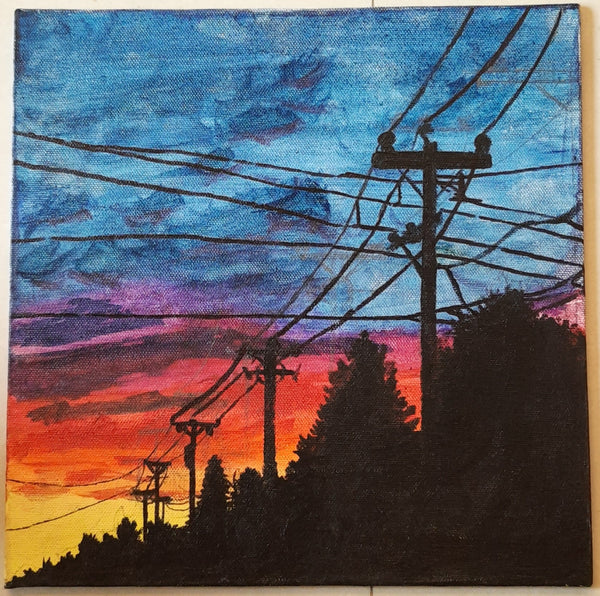 Watercolor painting of sunset with street light