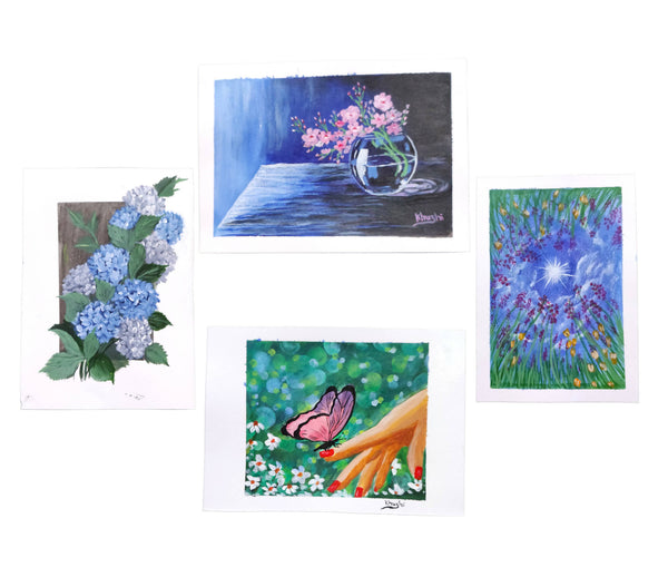 Set of 4 Paintings - flower, still life, nature and sunrise paintings