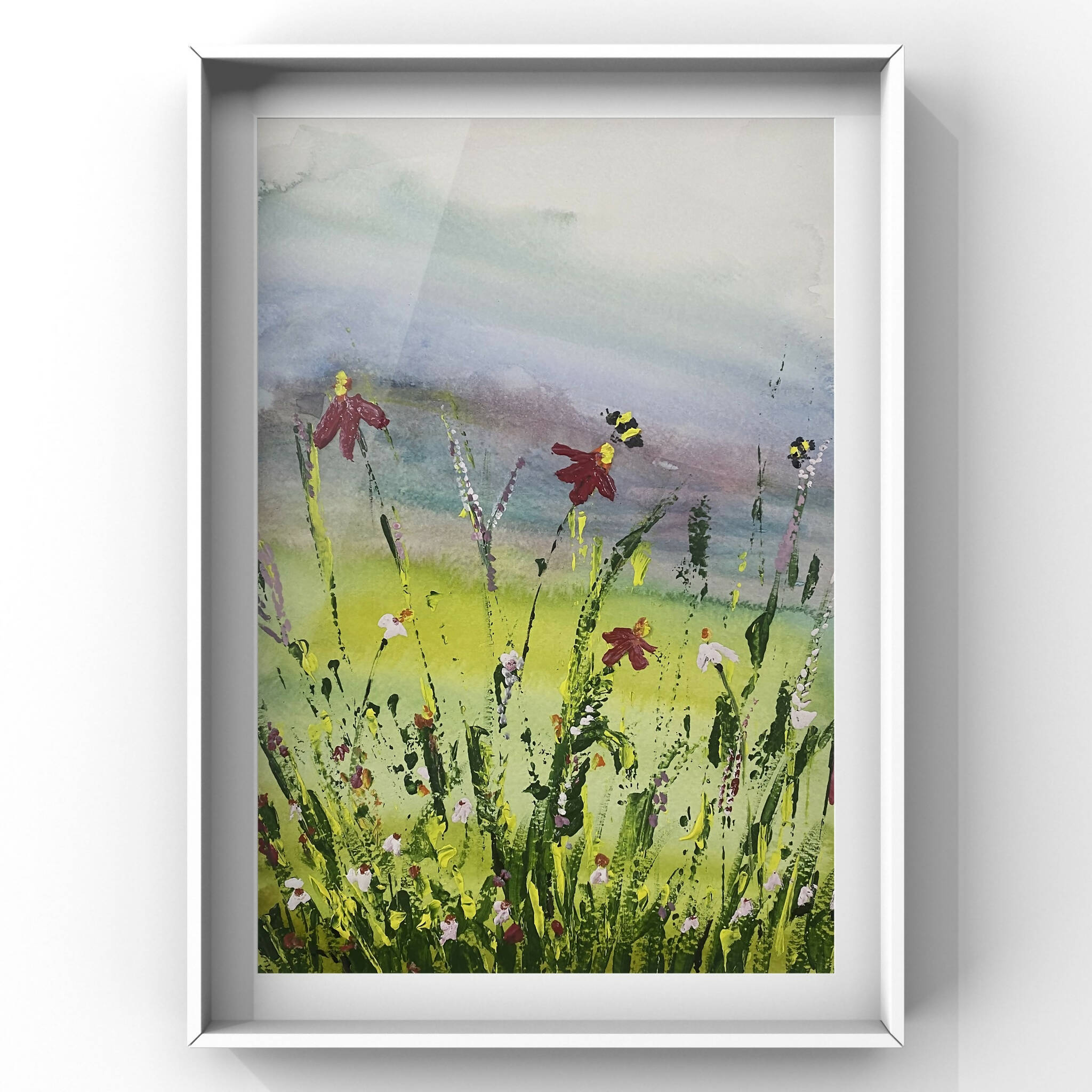 Original painting, abstract landscape flower fields, multimedia art, A4 size